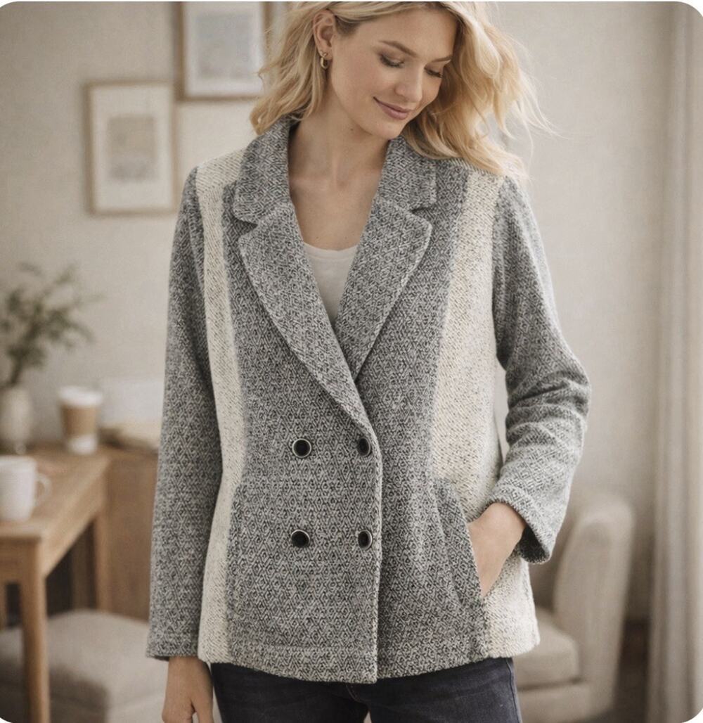 Anthropologie Saturday Sunday Sz L Knit Blk Gray Color Block Pkts Dbl Brstd Jckt